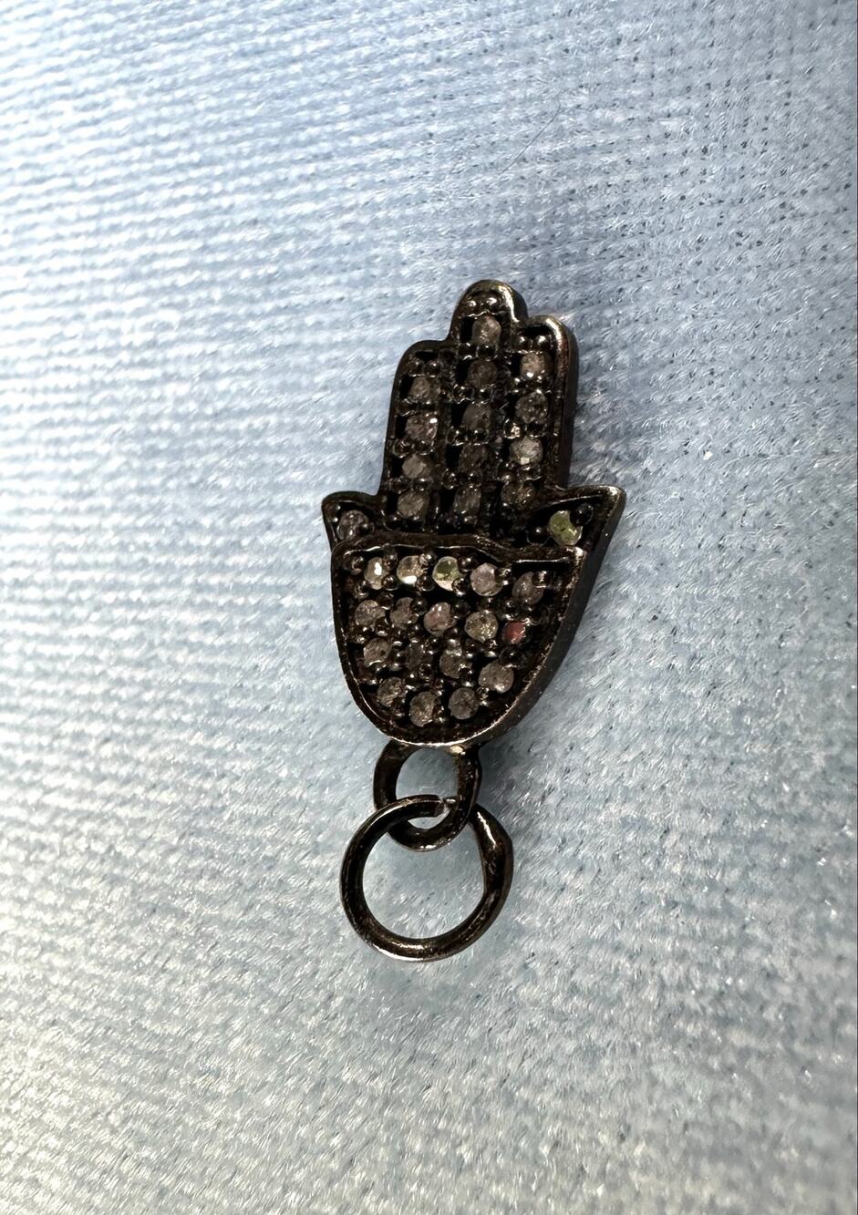 Vintage 925 Sterling Silver Oxidized Hamsa Hand Pendant Pave Diamond Accents